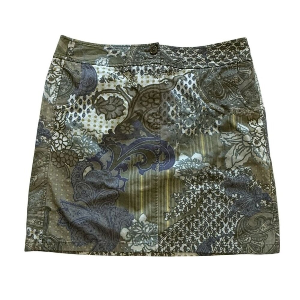 Ann Taylor Womens Paisley Print Skirt Size 14 Green Blue Mini Button Closure